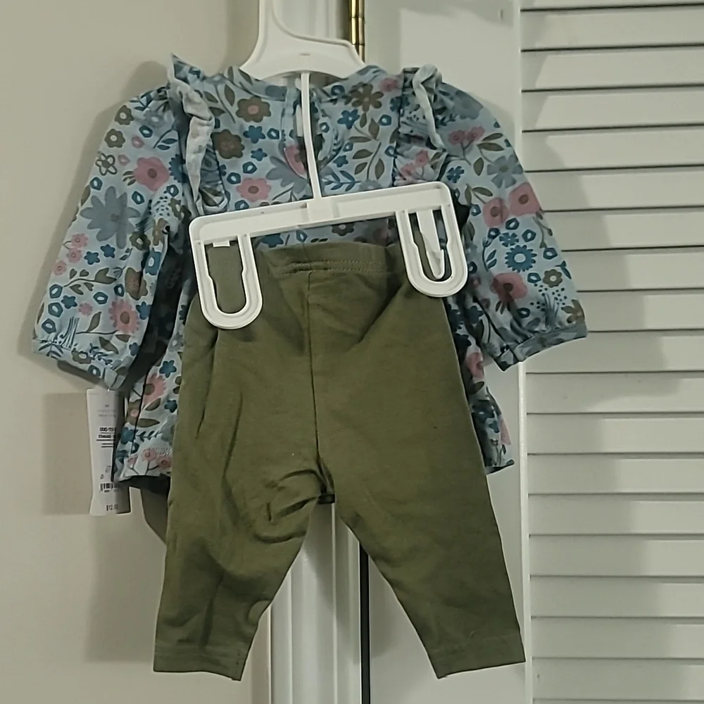 Carter's Blue Floral Ruffle Top with Olive Leggings